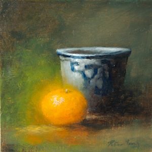 Clementine and pot by Peter Young - 6x6inches (300px) Oil Painting - Clementine and Pot